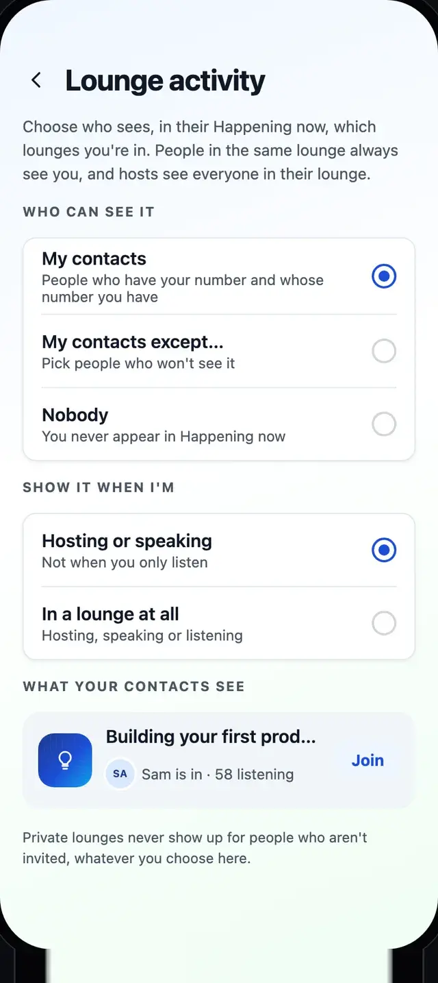 Lounge activity settings: who can see it (My contacts, My contacts except, Nobody) and when (Hosting or speaking, or In a lounge at all).