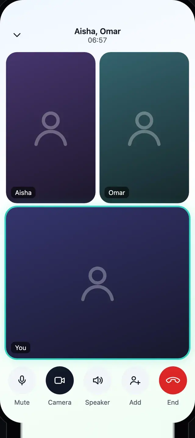 A group video call with Aisha and Omar, with Mute, Camera, Speaker, Add and End along the bottom.
