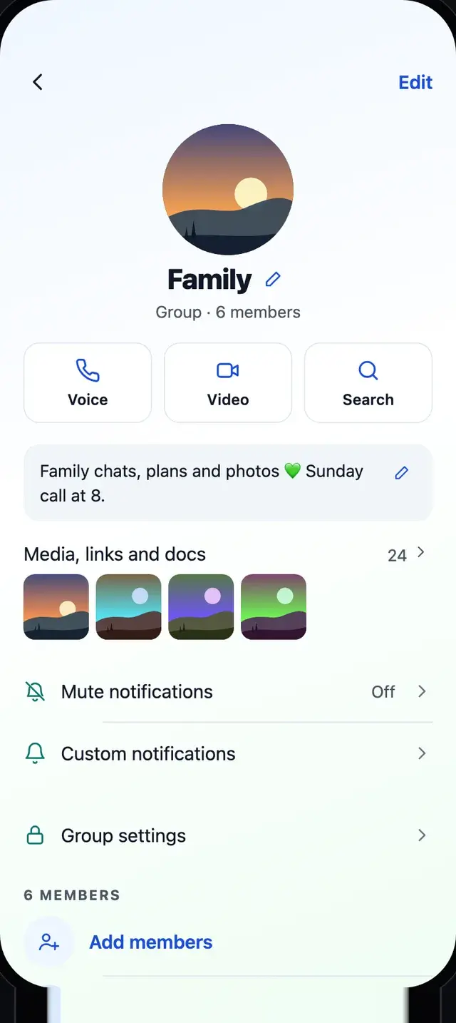 Group info for Family: photo, name, voice and video call buttons, shared media and group settings.