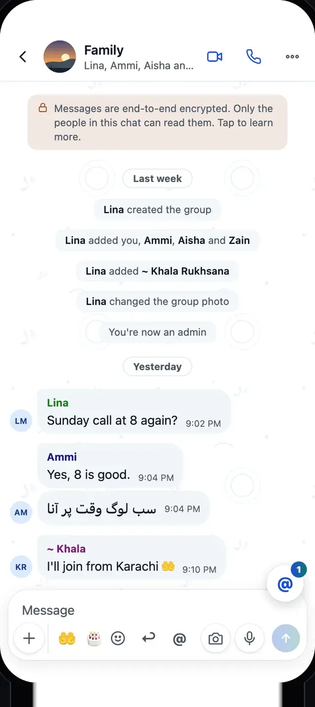 The Family group chat: messages from Lina, Ammi and Khala, in English and Urdu.
