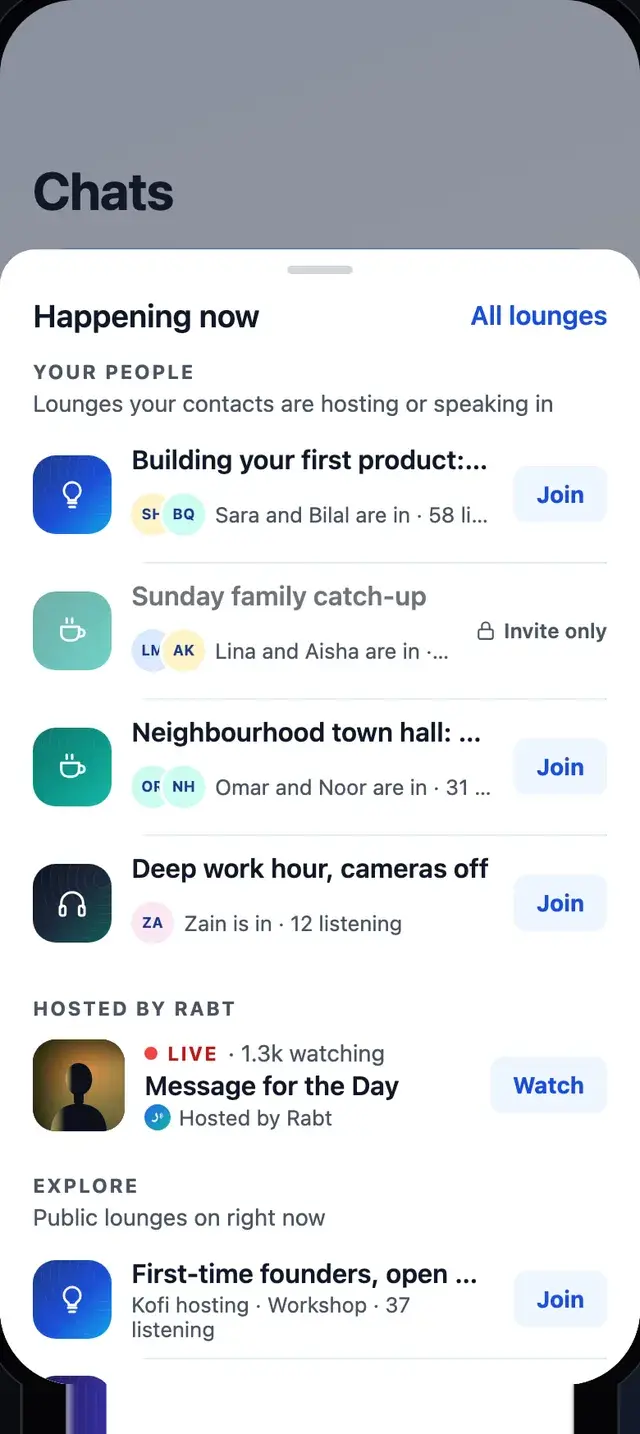 The Happening now sheet: lounges your people are in, with Join buttons, and Hosted by Rabt with a Watch button.