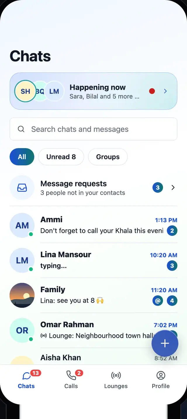 The Rabt Chats screen: a Happening now bar with Sara, Bilal and 5 more in lounges, filters, message requests and chats with unread counts.