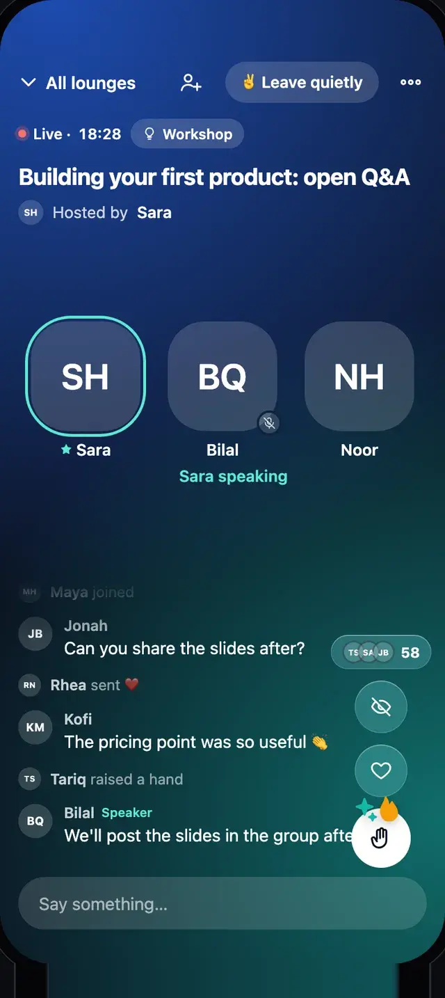 A live lounge, Building your first product: open Q&A, hosted by Sara, with speakers on stage and the lounge chat.