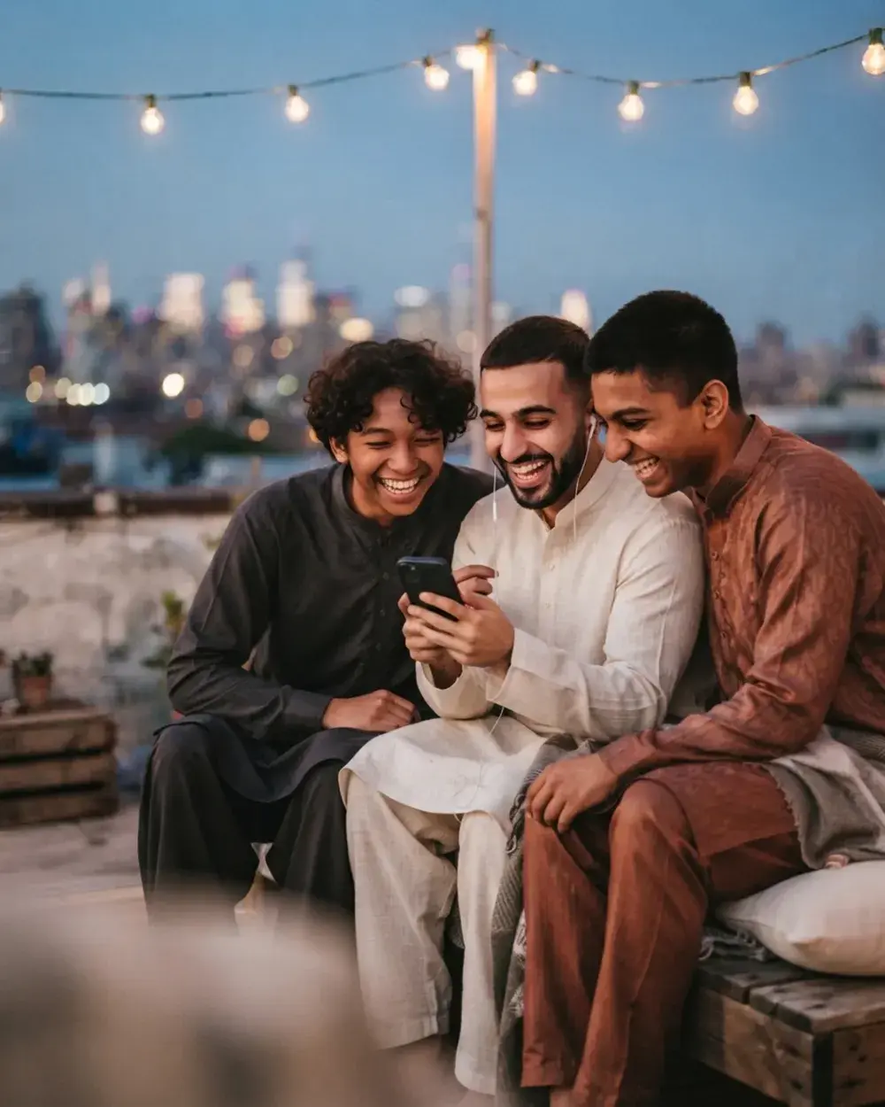 Three friends on a rooftop at dusk, laughing as they listen to something together on one phone.