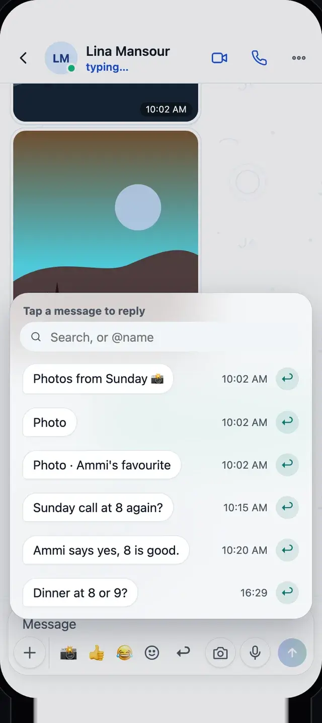 The reply panel above the message box: Tap a message to reply, a search field, and Lina's recent messages, each with a reply button.