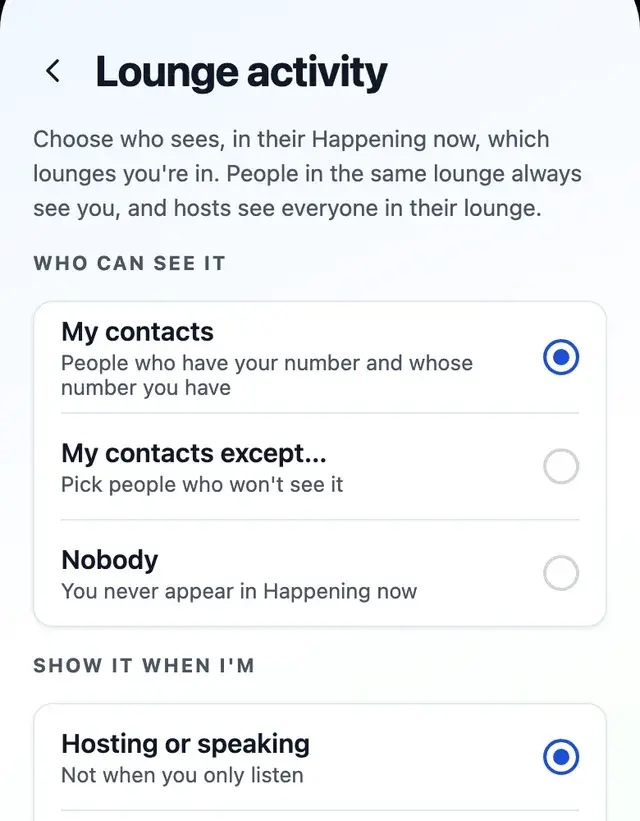 The Lounge activity setting: My contacts, My contacts except, or Nobody.