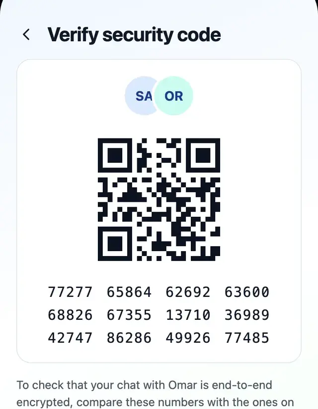 The Verify security code screen with a QR code and a 60-digit number.