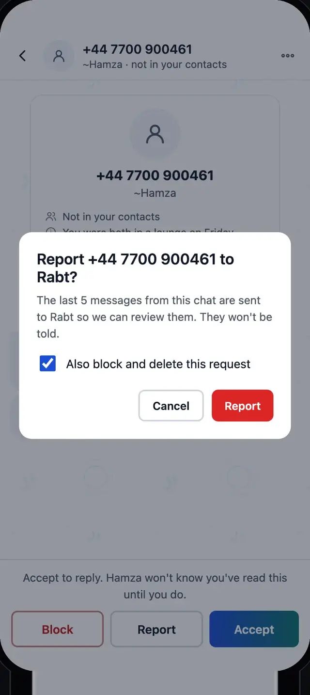 Reporting a number to Rabt, with the option to also block and delete the request.
