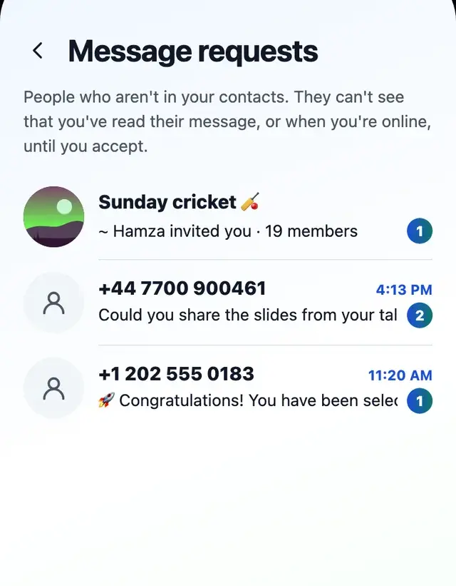The Message requests screen with two requests from numbers not in your contacts.